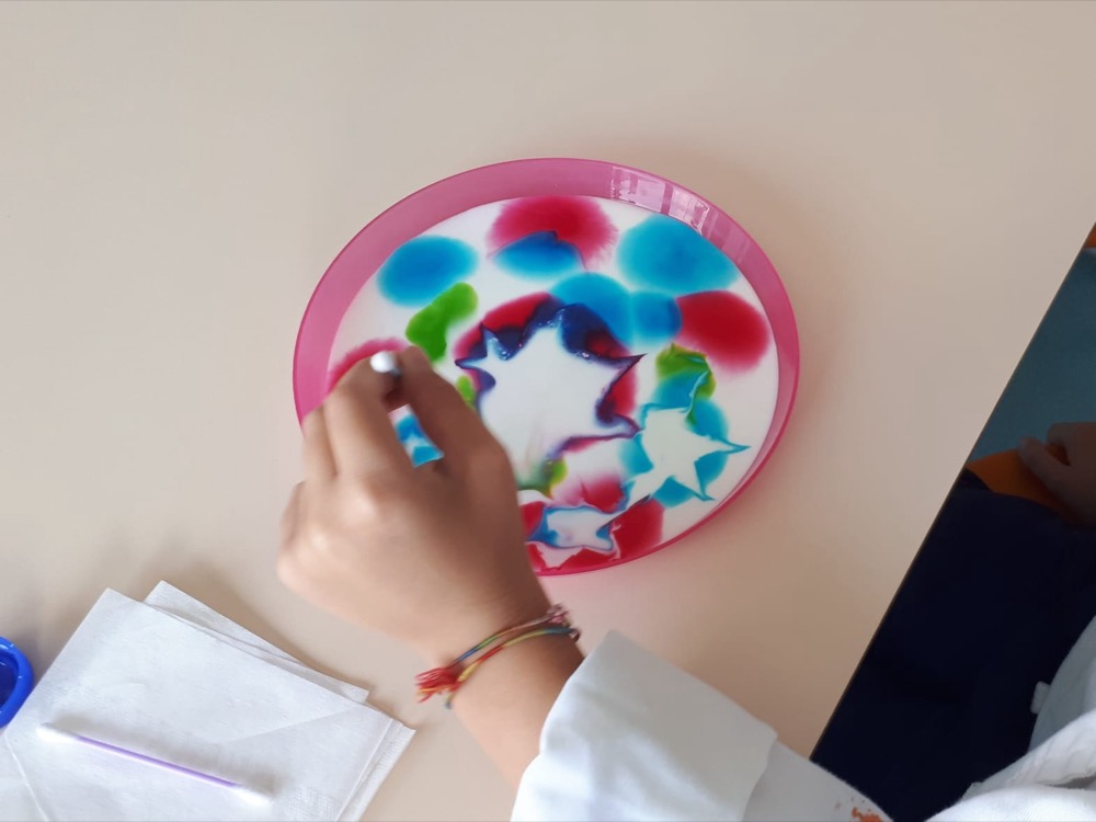 Experimentul lapte magic: picături de colorant care se răspândesc în lapte